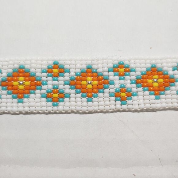Loom Beaded Bracelet White, Orange and Teal - Picture 3 of 4